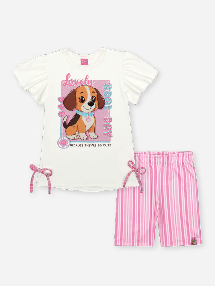 Conjunto Infantil com Blusa e Ciclista em Suplex – Look Menina Verão com Cachorrinho NATURAL/RS CONFETE