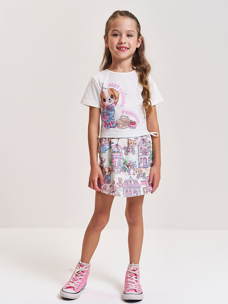 Conjunto Infantil com Blusa em Cotton e Shorts Saia de Cachorro – Look Menina Verão com Strass NATURAL/RS CONFETE