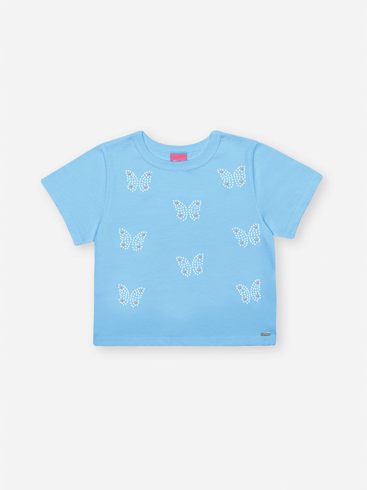 Blusa Infantil Boxy com Borboletas e Strass – Camiseta Menina em Meia Malha Verão AZUL PORCELANA