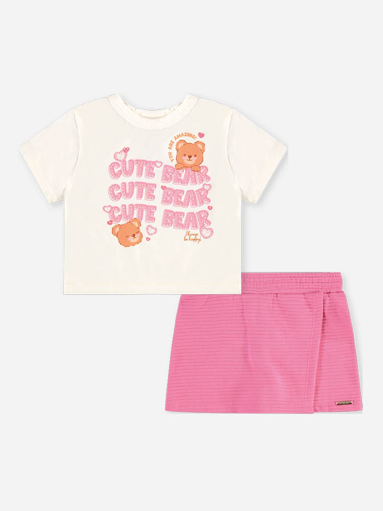 Conjunto Bebê Blusa Cute Bear e Short-Saia Rosa