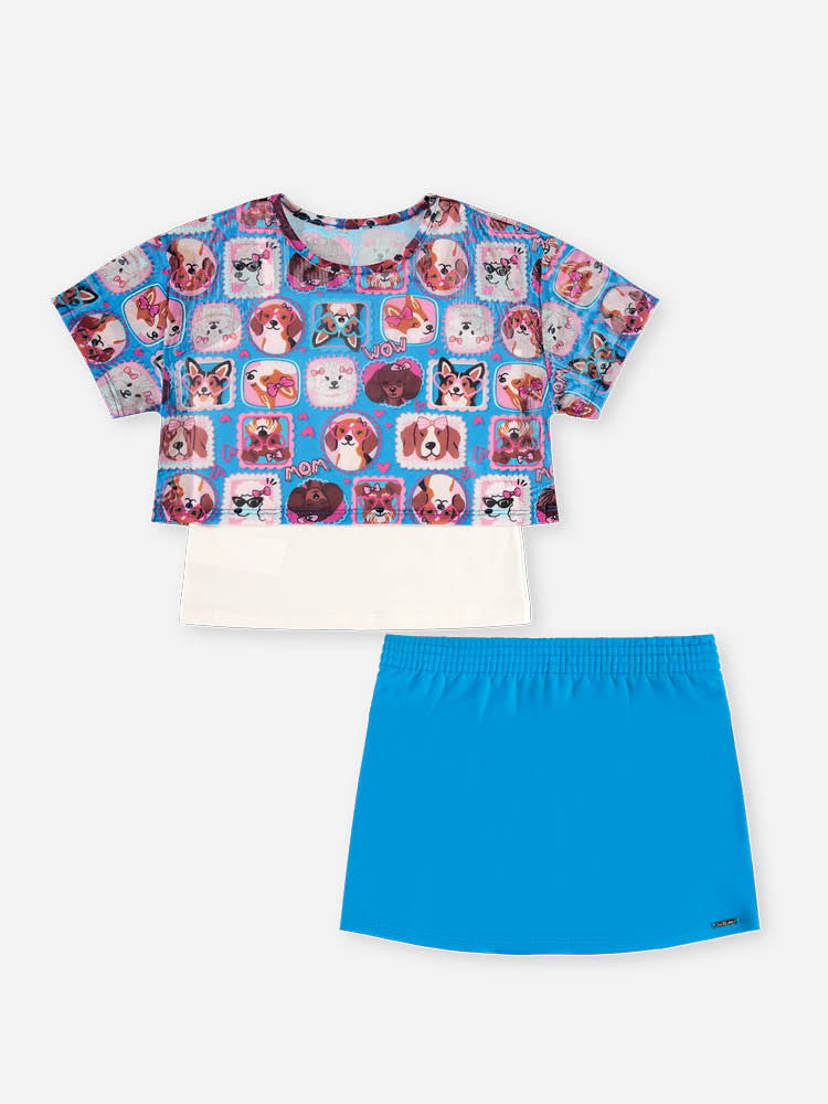 Conjunto Infantil Menina Cropped e Regata e Saia-Short Estampa Cachorrinhos