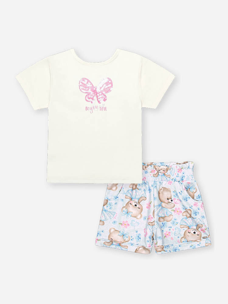 Conjunto Infantil com Blusa em Cotton Bordada e Shorts Estampado – Look Menina Verão com Ursinhas NATURAL/RS IOGURTE