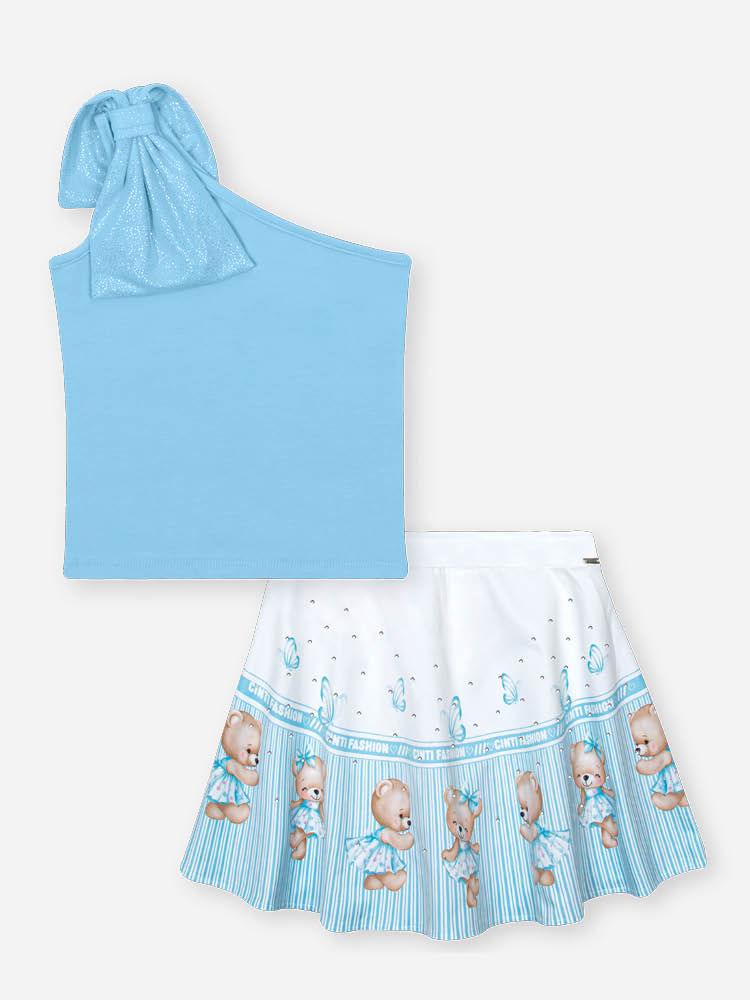 Conjunto Infantil com Blusa de Um Ombro Só e Saia Shorts em Cetim Glow – Look Menina Verão com Stras AZUL PORCELANA