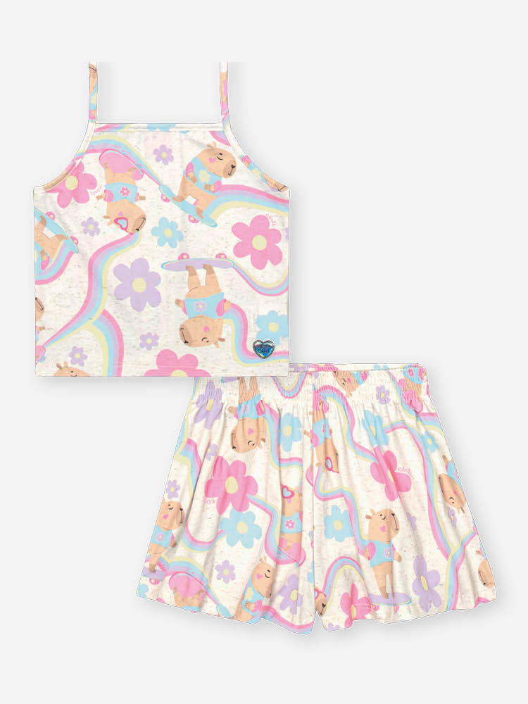 Conjunto Infantil com Regata Boxy e Shorts em Cotton Linho – Look Menina Verão com Estampa de Capiva OFF WHITE
