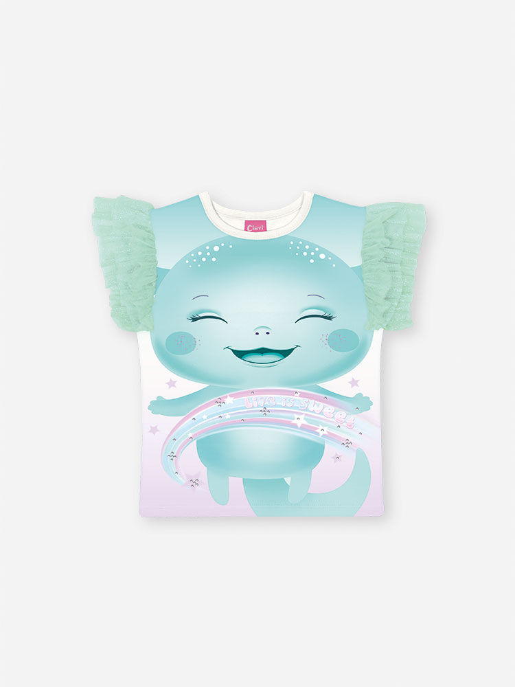 Conjunto Infantil com Blusa Estampa Sara Salamandra e Saia Shorts em Tule Foil – Look Menina Verão c NATURAL/VD BRISA