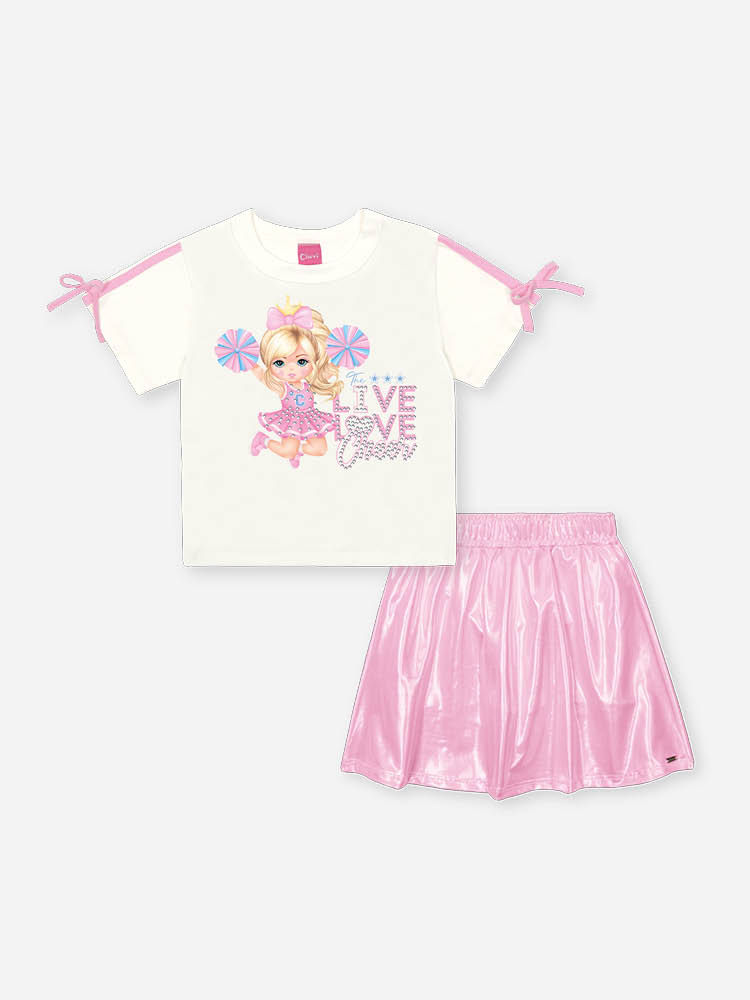 Conjunto Infantil Cheerleader com Saia Shorts Metalizada – Conjunto Menina Fashion Cinti NATURAL/RS IOGURTE