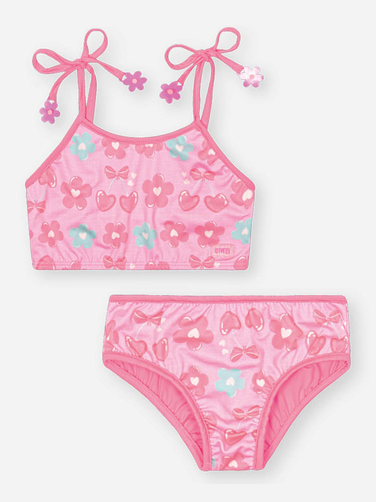 Biquíni Infantil em Malha UV com Estampa Floral Rosa Neon – Moda Praia Floral Menina Verão ROSA NEON FORTE