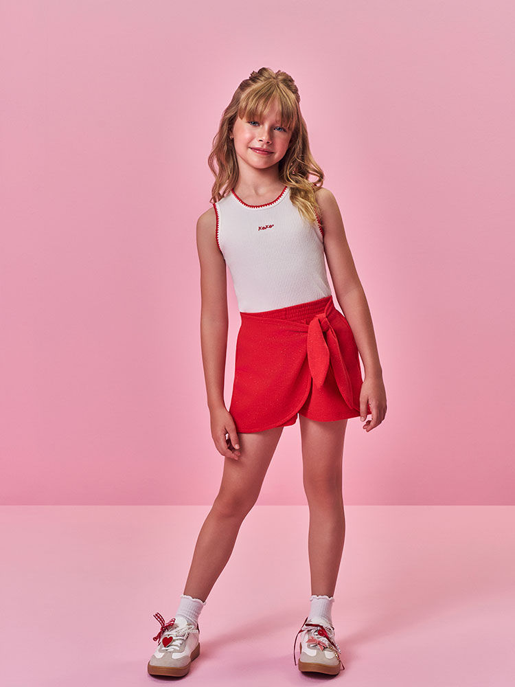Short-Saia Infantil Menina Vermelho com Laço e Glitter