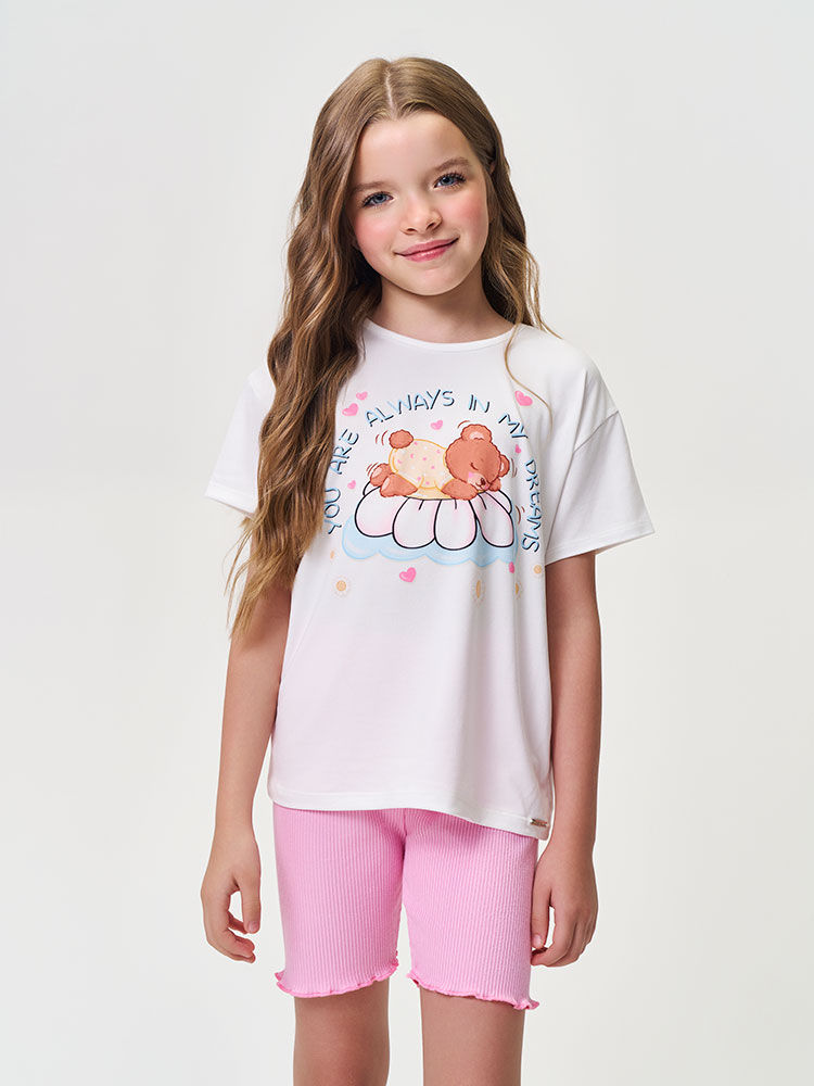 Conjunto Infantil Menina Blusa Ursinha e Ciclista Rosa