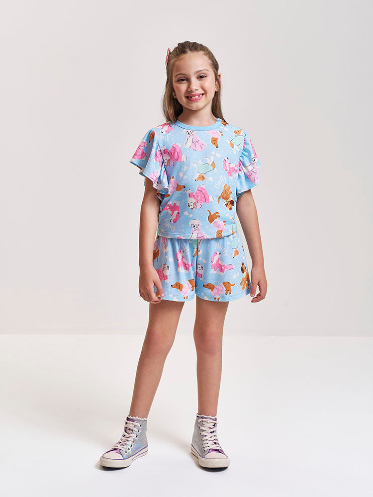 Conjunto Infantil com Blusa e Shorts em Cotton Linho – Look Menina Verão Azul com Estampa de Cachorr AZUL PORCELANA
