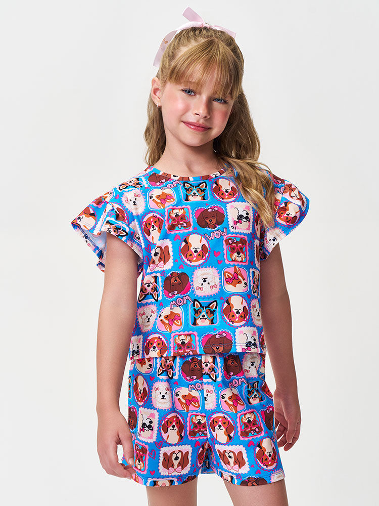 Conjunto Infantil Menina Boxy e Short de Cachorrinhos