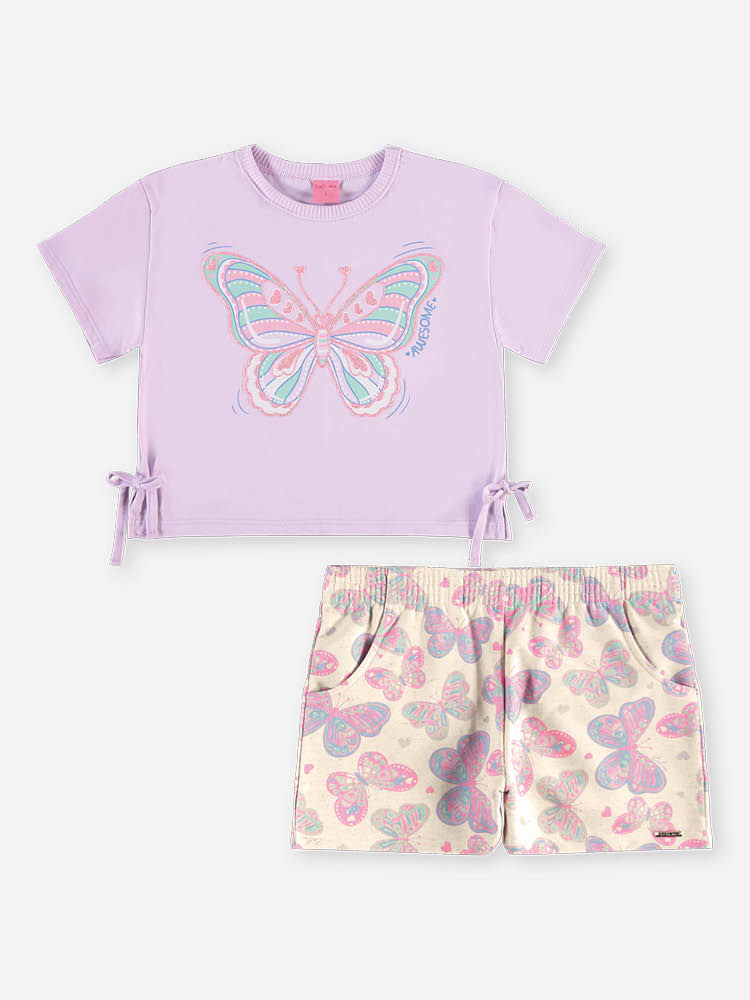 Conjunto Infantil Menina Blusa Boxy Borboleta e Short com Linho