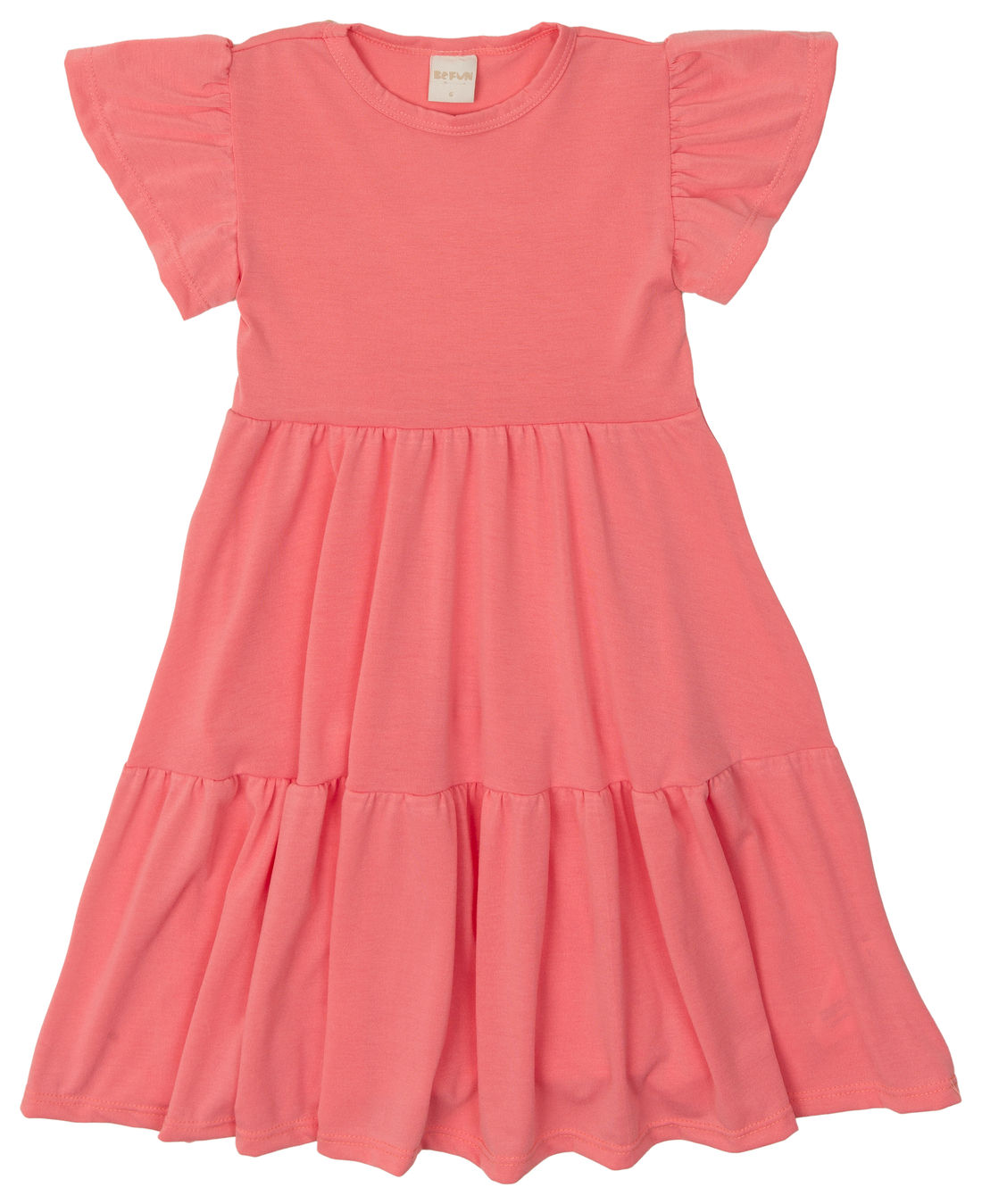 Vestido Infantil em Camadas Manga Curta Coral Vestido Infantil em Camadas Manga Curta Coral