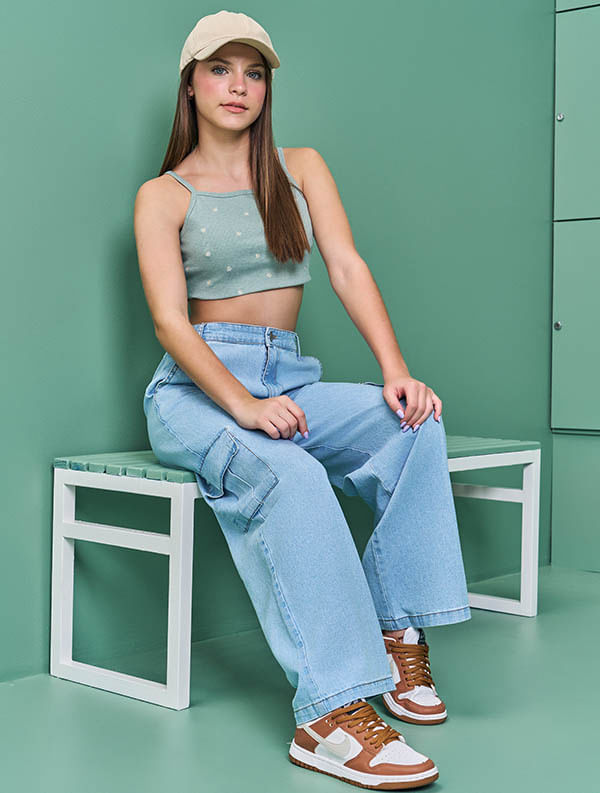 Top Teen Feminino Bordado Margaridas Verde Dway