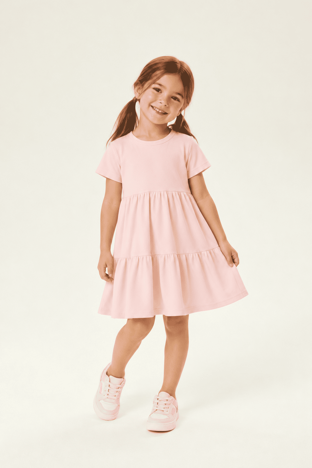 Vestido Infantil em Camadas Básico Manga Curta Rosa Claro Vestido Infantil em Camadas Básico Manga Curta Rosa Claro