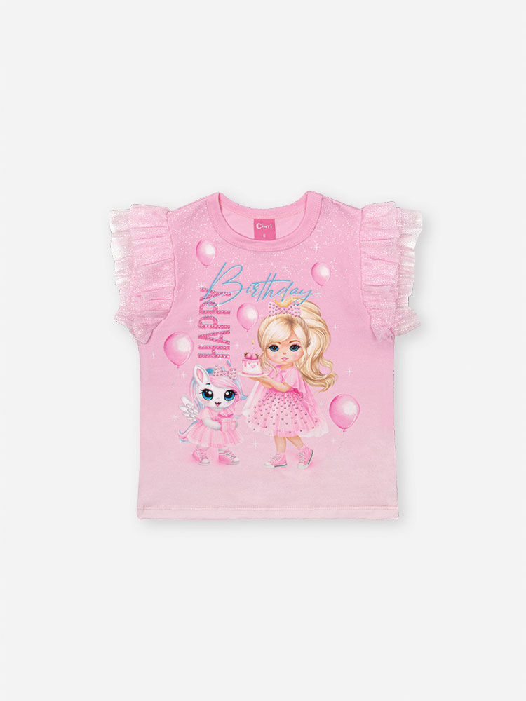 Conjunto Infantil de Aniversário com Saia Shorts em Tule Foil – Princesa Birthday Cinti ROSA IOGURTE