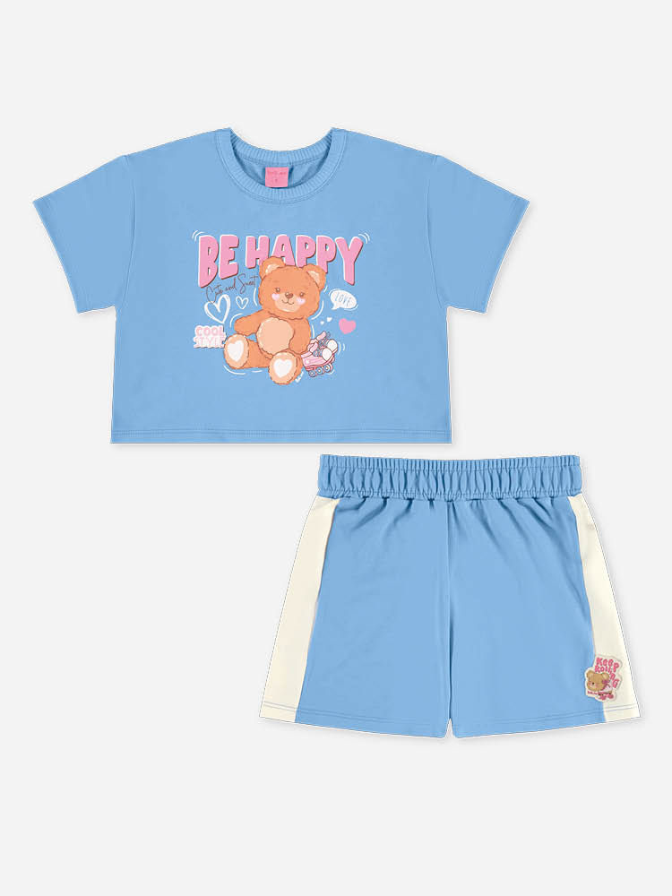 Conjunto Infantil Menina Blusa Boxy Ursinho e Short Azul