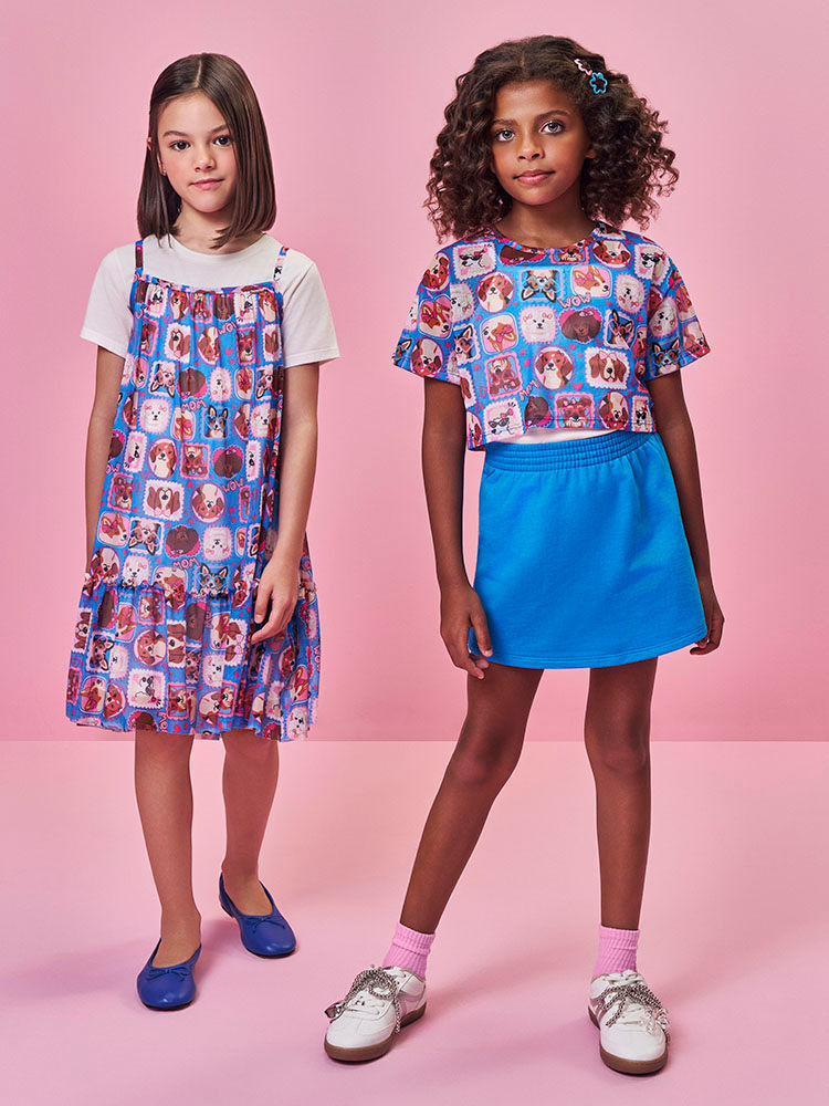 Conjunto Infantil Menina Cropped e Regata e Saia-Short Estampa Cachorrinhos