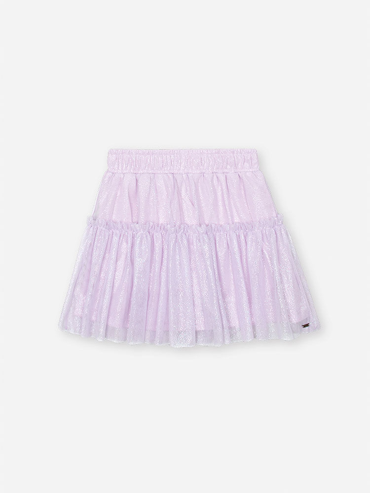Conjunto Infantil com Blusa Estampa Sara Salamandra e Saia Shorts em Tule Foil – Look Menina Verão c LILAS BRUMA