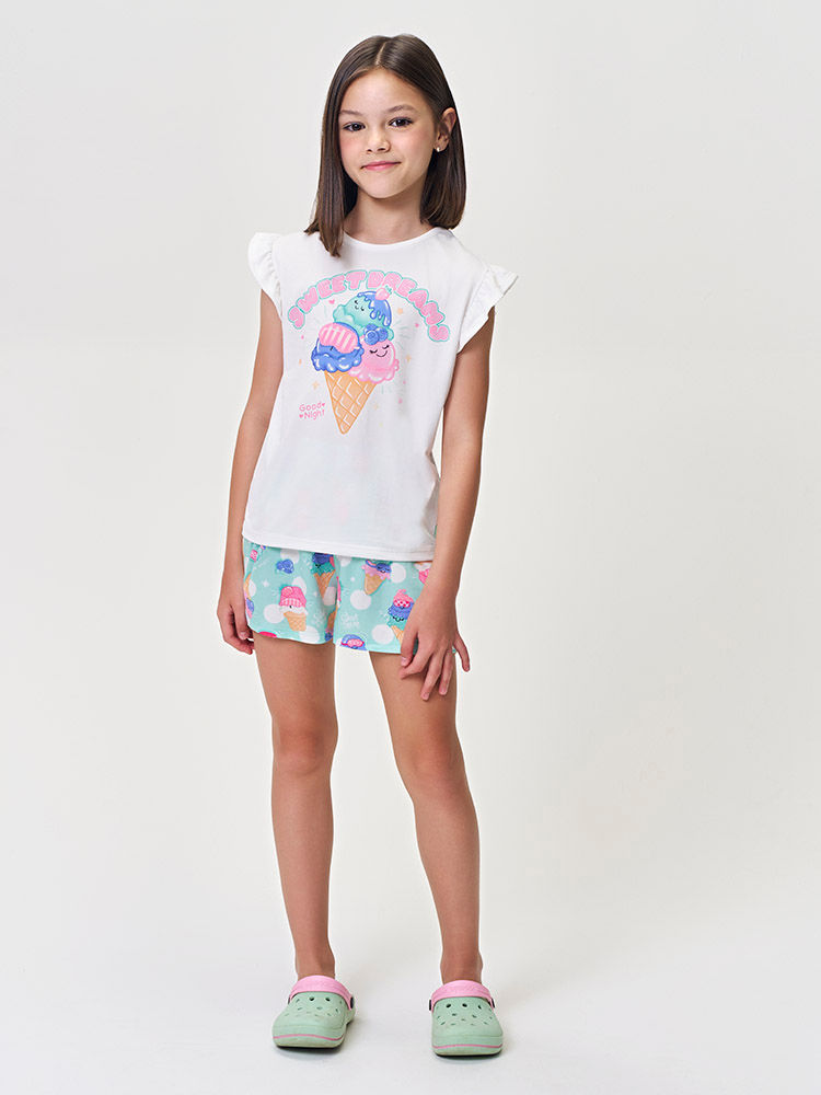 Conjunto Infantil Menina Blusa e Short Sorvetes em Malha Suede