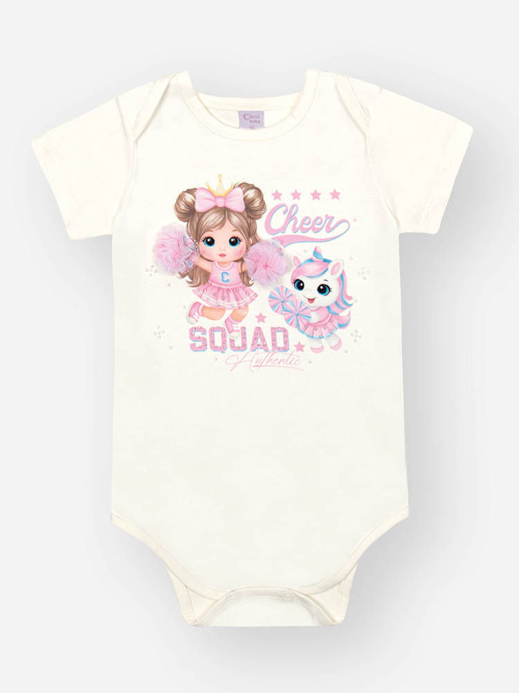 Conjunto Infantil Cheerleaders de Body em Cotton com Shorts Estampado e Strass NATURAL/RS IOGURTE