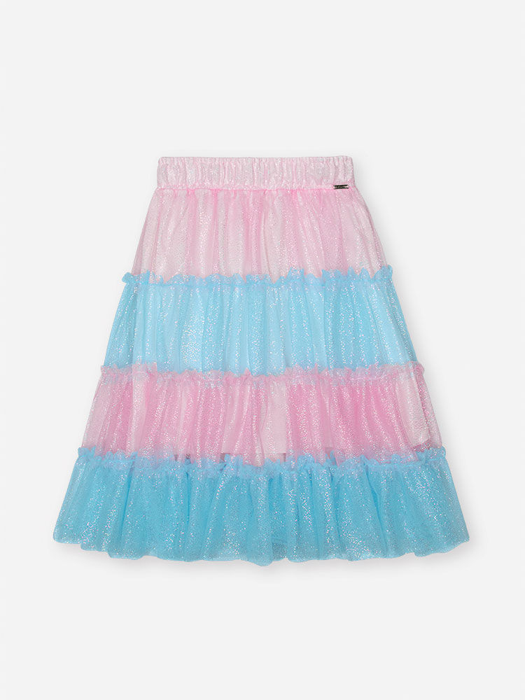 Saia Midi Infantil Neon Love em Meia Malha e Tule Foil – Saia Menina Verão Colorida com Brilho RS IOGURTE/AZ PORCELANA