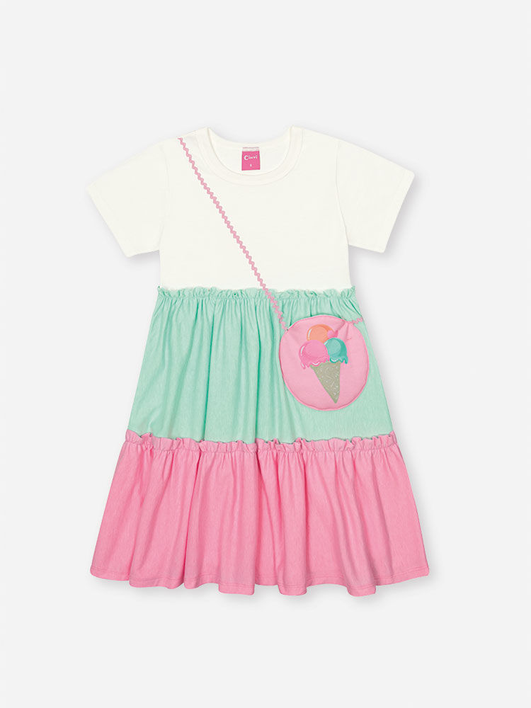 Vestido Infantil em Meia Malha Neon Love – Vestido Menina Verão com Bolsa de Sorvete NATURAL/VD BRISA/RS BARBIE