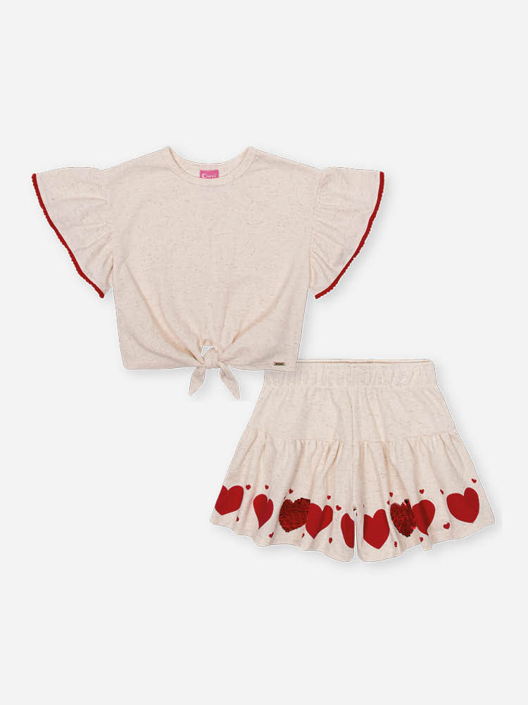 Conjunto Infantil de Festa com Blusa e Shorts em Moletinho Waffle Linho – Look Menina Verão com Cora OFF WHITE