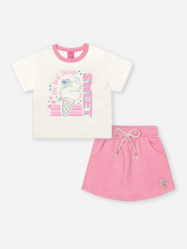 Conjunto Infantil Neon Love com Blusa Boxy e Shorts Saia em Moletom P.A – Look Menina Verão com Rele NATURAL/RS BARBIE