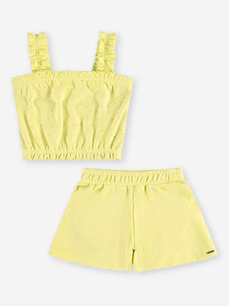 Conjunto Infantil Menina Cropped com Strass e Short Lemon