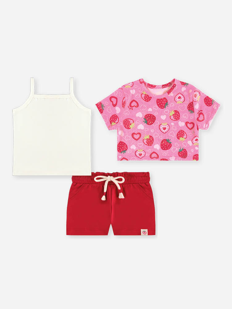 Trio Bebê de Regata, Blusa Morangos e Shorts Clochard