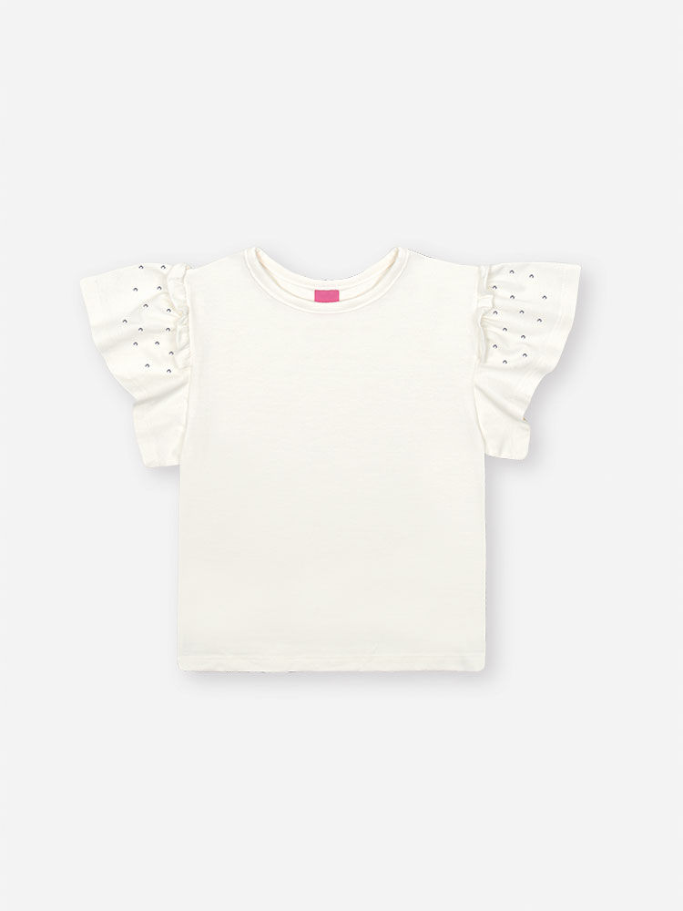 Conjunto Infantil com Blusa em Cotton e Shorts em Sarja Glow – Look Menina Verão com Strass NATURAL/AZ PORCELANA