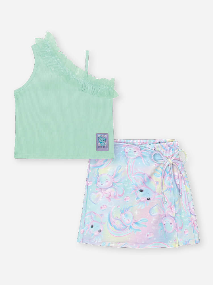 Conjunto Infantil com Blusa Cropped em Ribana e Shorts Saia Estampa Sara Salamandra – Look Menina Ve VD BRISA/LL BRUMA