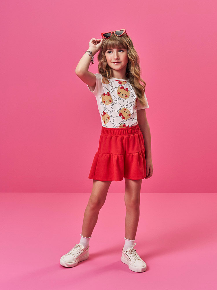 Conjunto Infantil com Blusa em Cotton e Shorts em Moletinho Waffle – Look Menina Verão com Estampa d NATURAL/VM MARTE