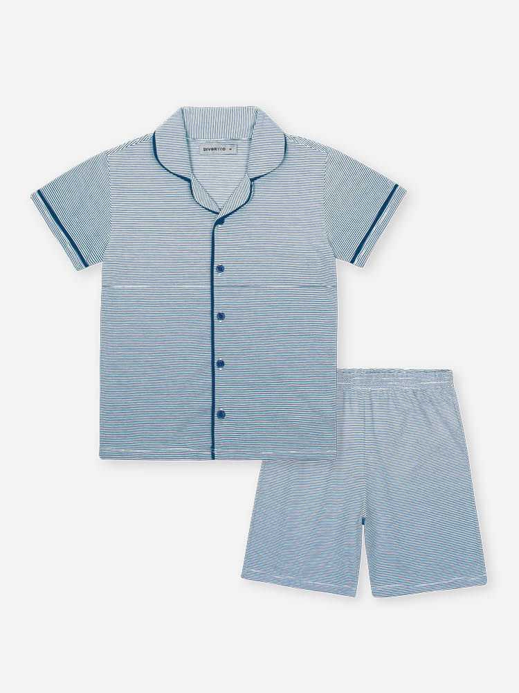 Pijama Infantil Menino Listrado com Camiseta e Bermuda Denim