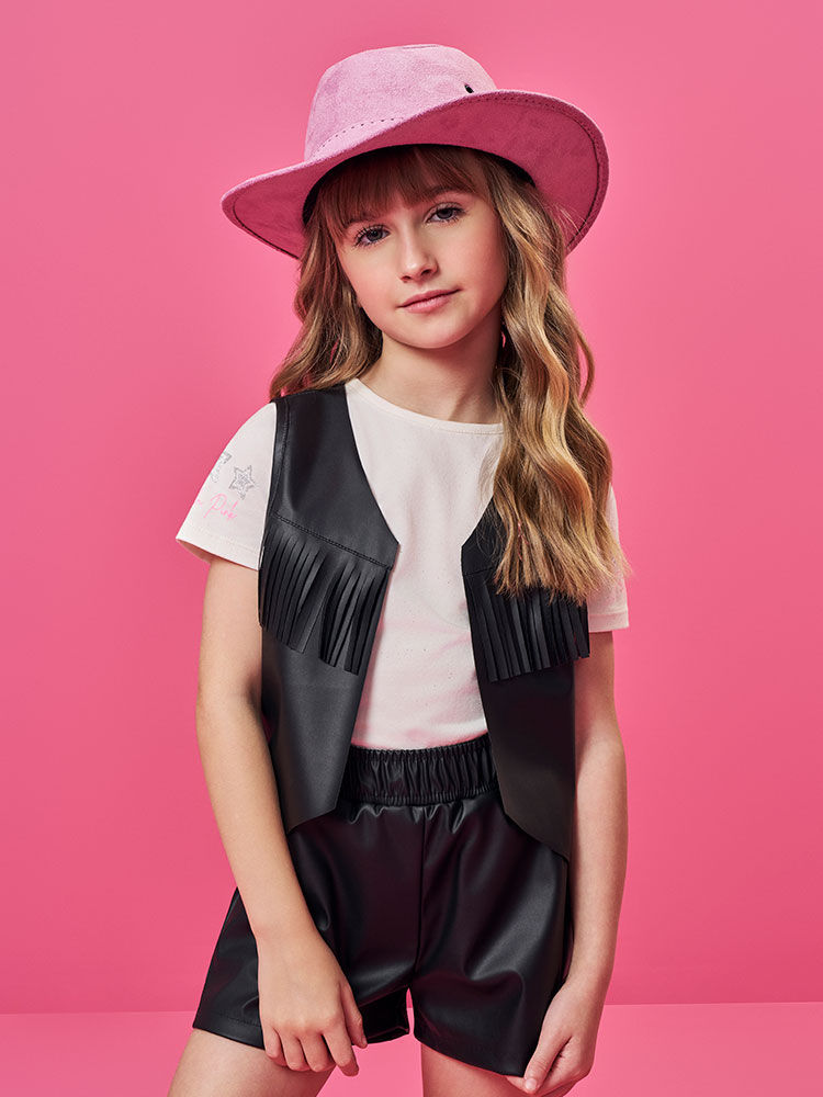 Conjunto Infantil Look Boiadeira com Blusa em Cotton e Shorts com Colete em PU – Look Menina Verão NATURAL/PRETO/PRETO