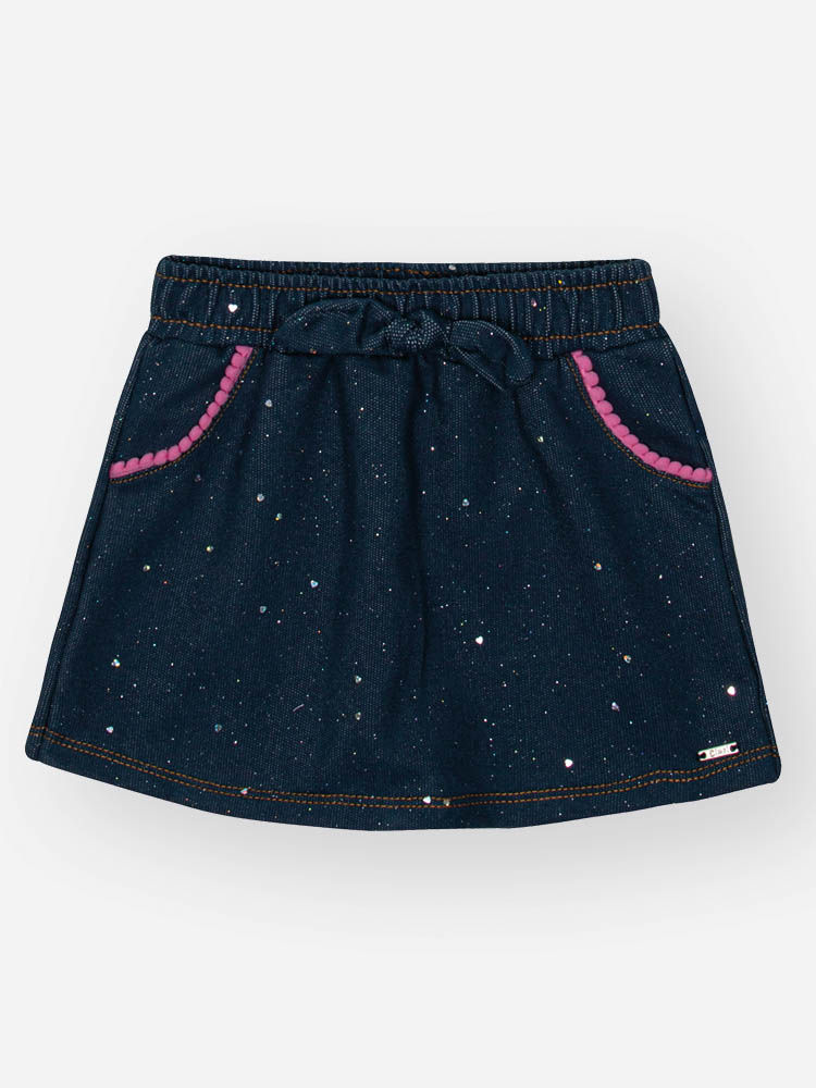Short-Saia Infantil Cinti em Molecotton Denim com Glitter e Pompons AZUL MARINHO