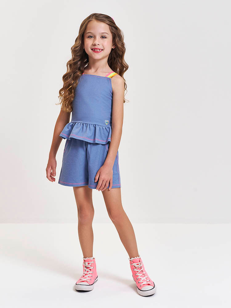 Conjunto Infantil com Regata Boxy e Shorts em Molecotton Denim – Look Menina Verão com Alças Colorid AZUL JEANS MEDIO