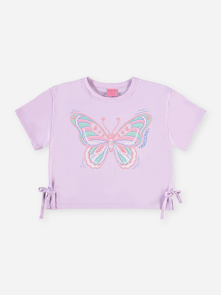 Conjunto Infantil Menina Blusa Boxy Borboleta e Short com Linho