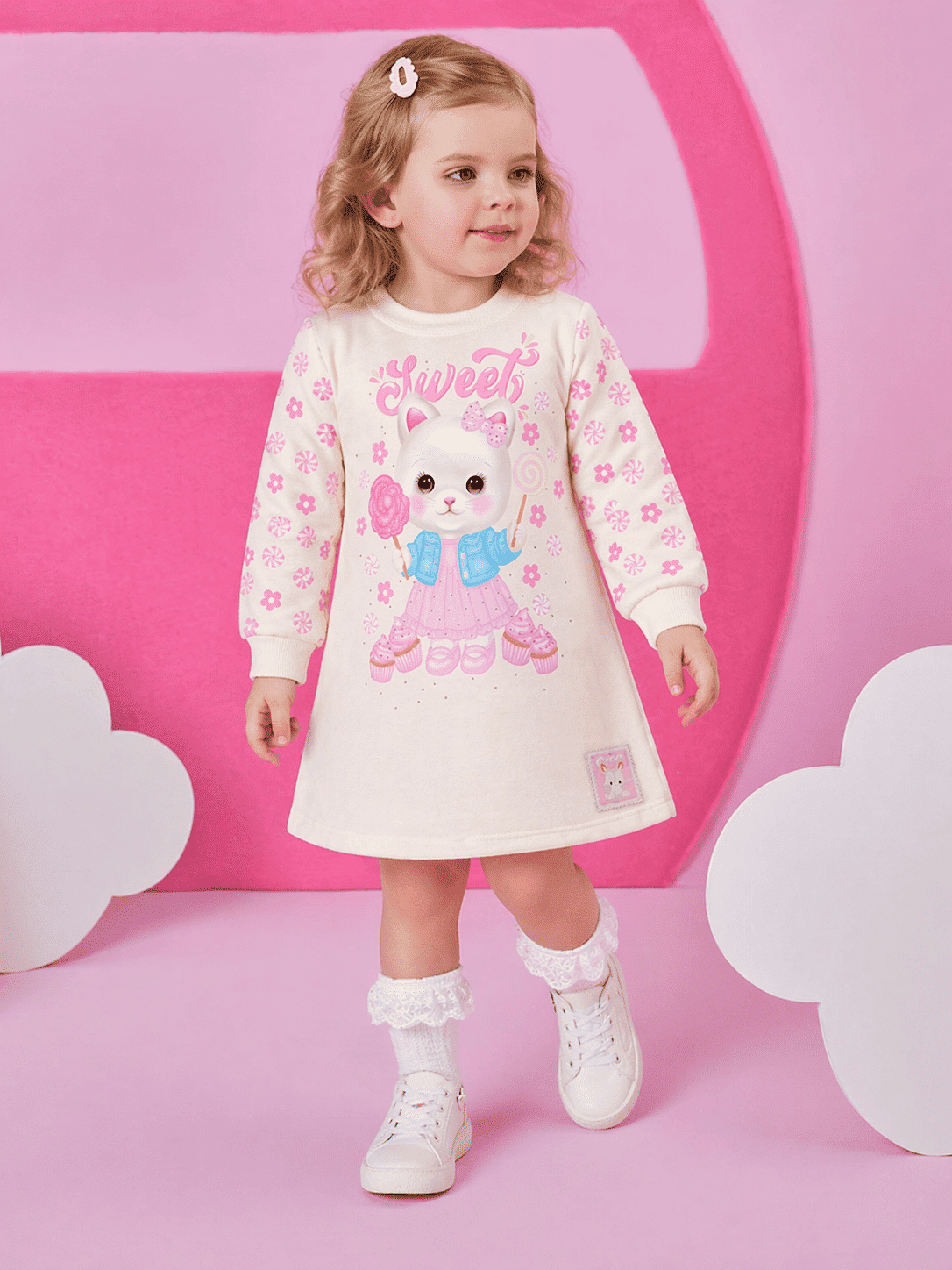 Vestido Infantil Menina com Estampa Floral nas Mangas – Vestido Bebê Gatinha Mundo Cinti