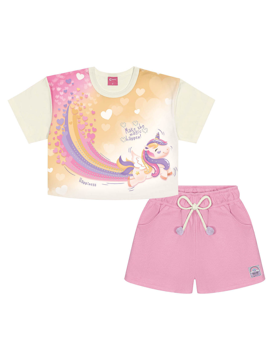 Conjunto Infantil Menina Blusa Cropped E Short Unicórnio Natural E Rosa Cinti Conjunto Infantil Menina Blusa Cropped E Short Unicórnio Natural E Rosa Cinti