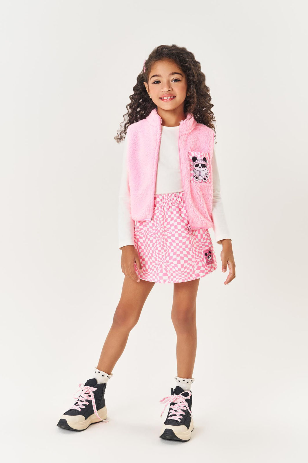 Conjunto Infantil Menina Blusa; Colete Pelo E Short Rosa Mundo Cinti