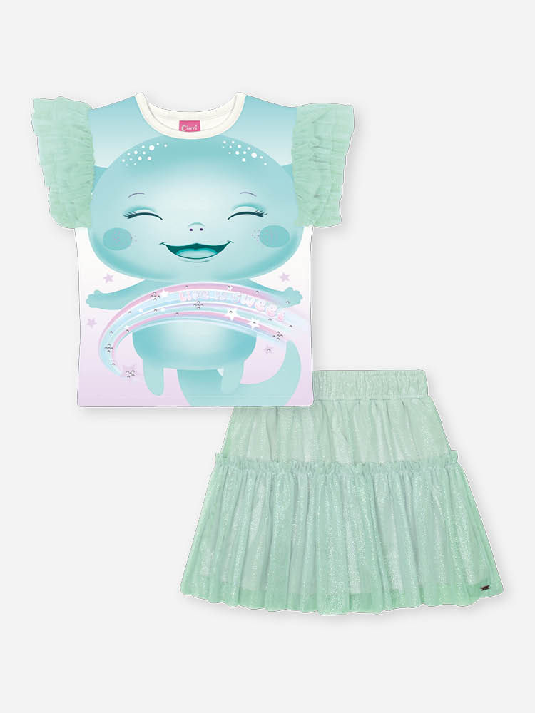 Conjunto Infantil com Blusa Estampa Sara Salamandra e Saia Shorts em Tule Foil – Look Menina Verão c NATURAL/VD BRISA