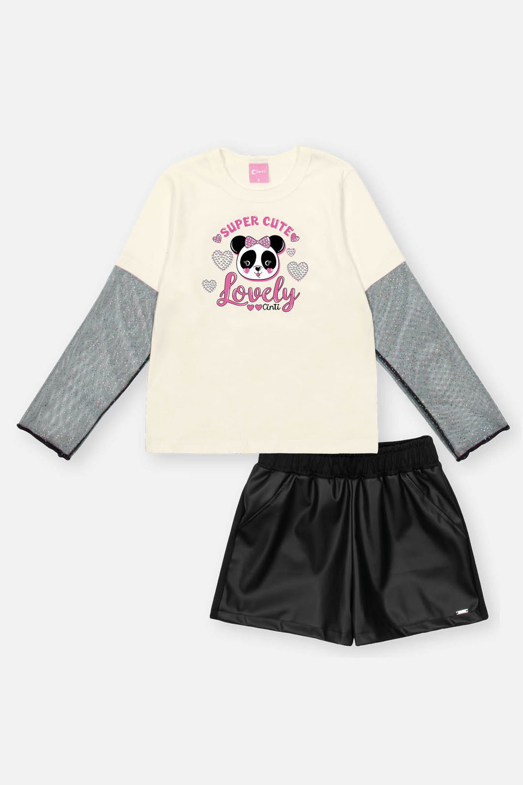 Conjunto Infantil Menina Blusa Panda E Short Courino Preto Mundo Cinti