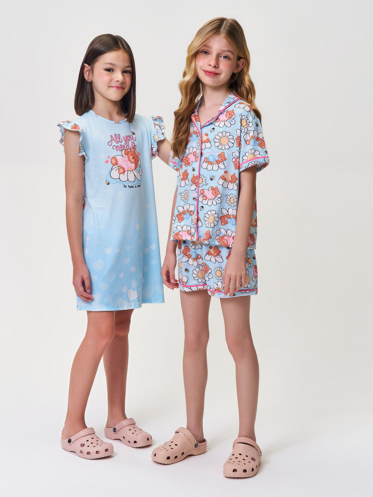 Camisola Infantil Menina Azul com Ursinha em Malha Suede