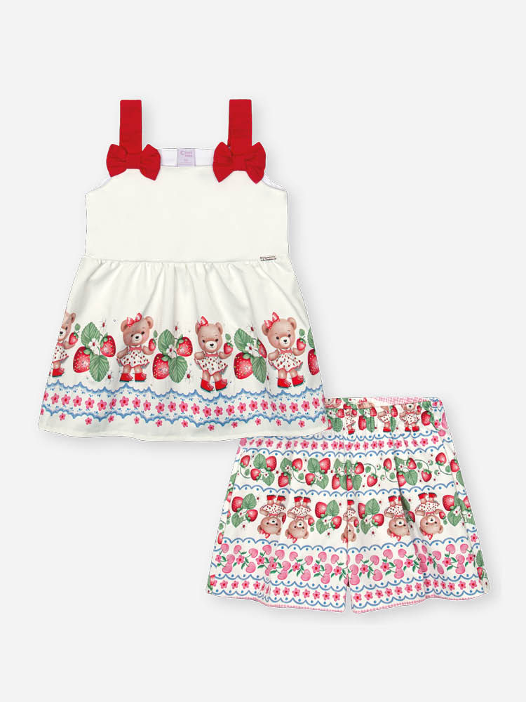 Conjunto Bebê Menina Berry Sweet em Cetim Glow – Bata com Shorts Estampado de Morangos Cinti Baby OFF WHITE/RS IOGURTE