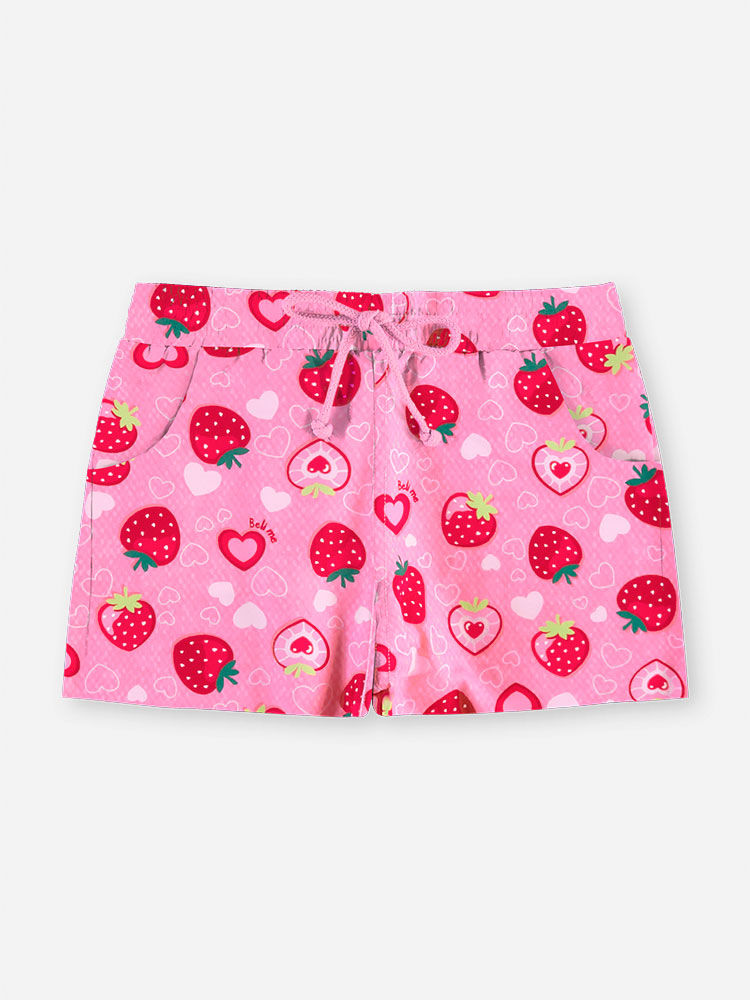 Short Infantil Menina em Nylon de Morangos com Cordão