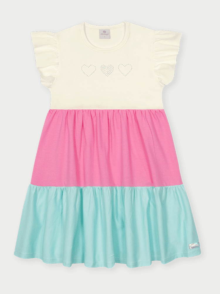 Vestido Infantil Color Block 3 Corações Natural Abrange