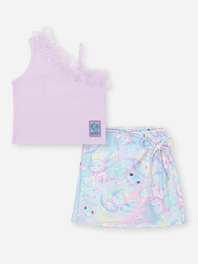 Conjunto Infantil com Blusa Cropped em Ribana e Shorts Saia Estampa Sara Salamandra – Look Menina Ve LILAS BRUMA