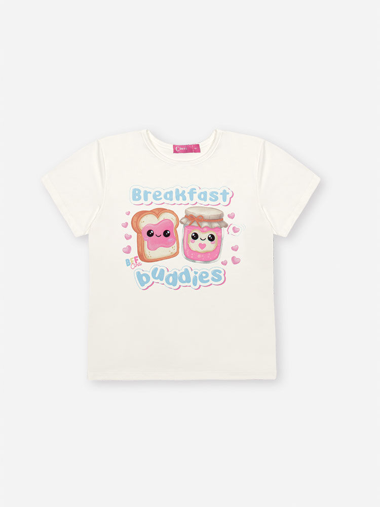 Pijama Infantil com Blusa e Shorts em Malha Suede – Pijama Menina Verão Estampa Breakfast Buddies NATURAL/AZ PORCELANA